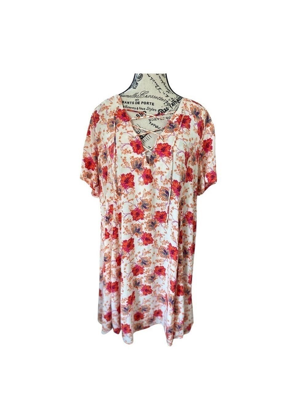 ASTR The Label Hibiscus Floral Lace Up Short Sleeve Mini Shift Dress Size L
